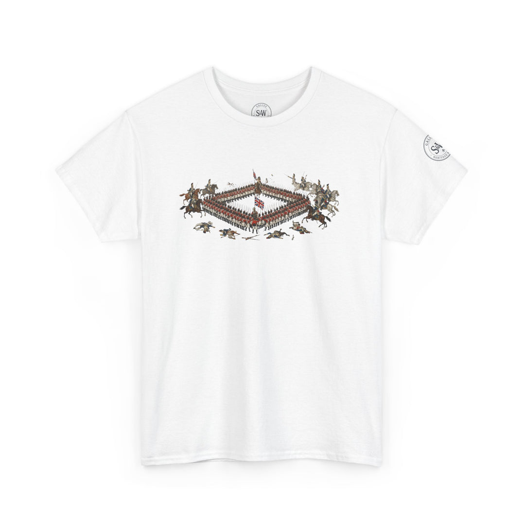 White t-shirt by S&amp;W Gallus with a graphic print of the Battle of Waterloo.
