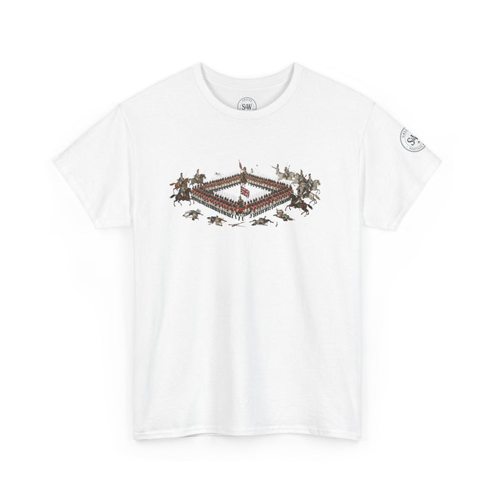 White t-shirt by S&amp;W Gallus with a graphic print of the Battle of Waterloo.
