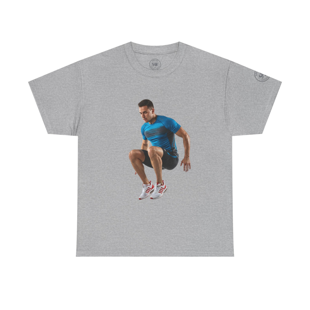 Gray T-shirt by S&amp;W Gallus, featuring an athlete jumping and logo details on the front.