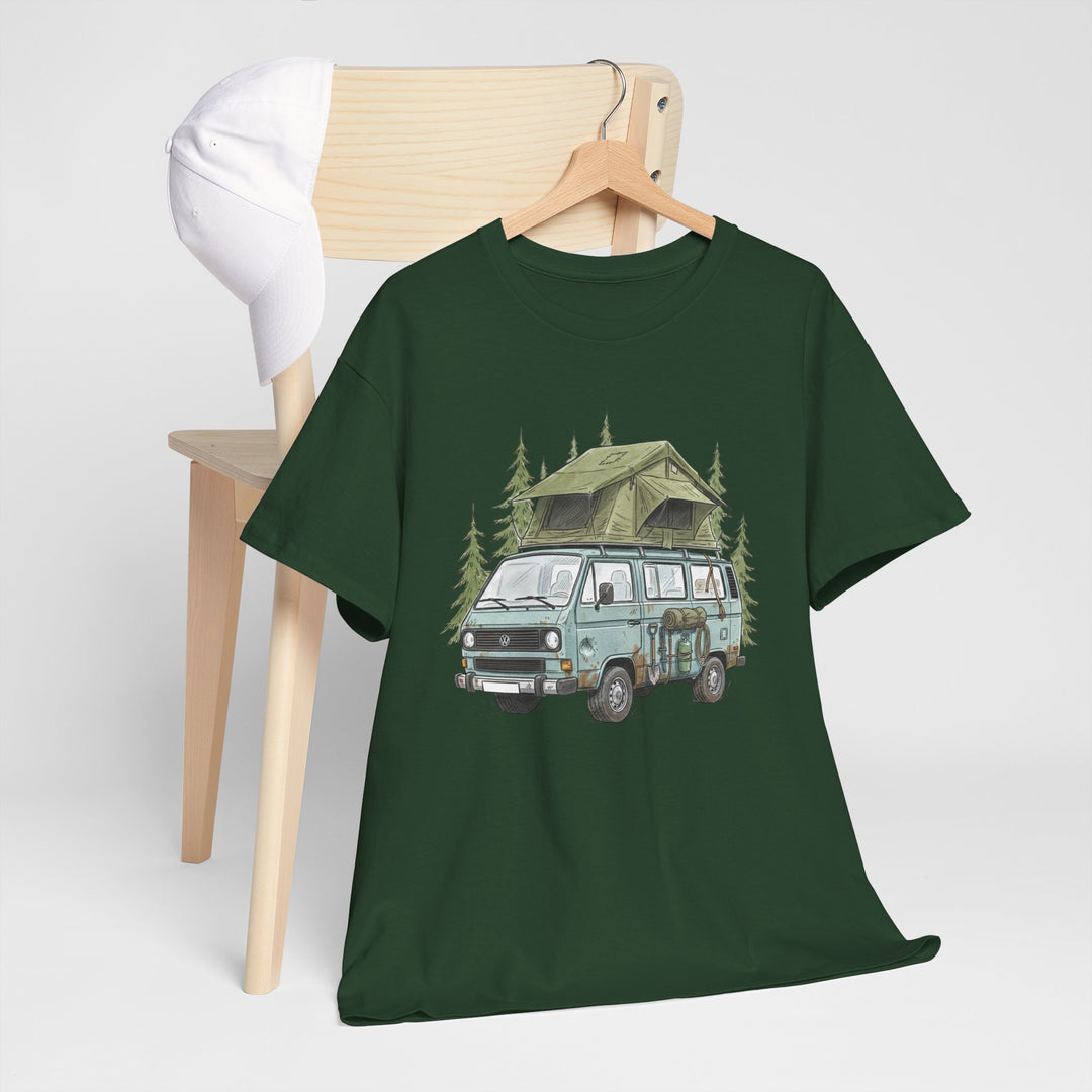 Van Life Adventure T-Shirt - Retro Camper Van &amp; Rooftop Tent Tee