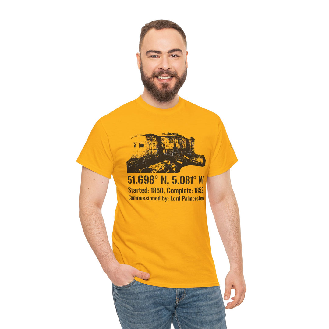 Yellow t-shirt by S&amp;W Gallus, featuring a graphic of Stack Rock Fort with its coordinates and construction details, worn with jeans.
