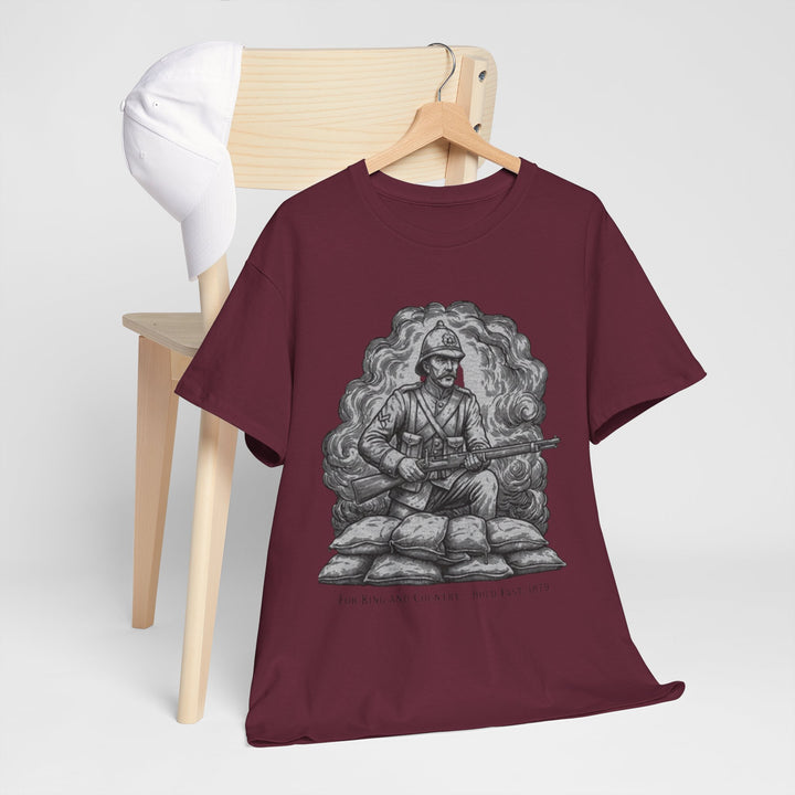 Soldier 1879 T-Shirt featuring a vintage Rorke’s Drift–style rifleman illustration. A bold Anglo-Zulu War tribute design.