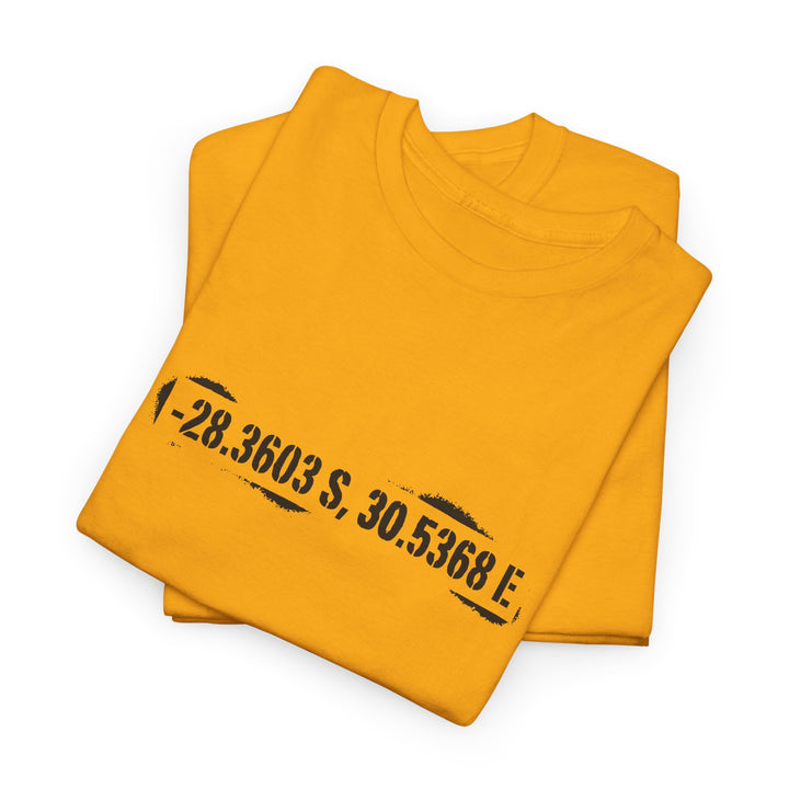 Rorke’s Drift T-Shirt featuring historic battle coordinates. Honor the 1879 Anglo-Zulu War with precise latitude &amp; longitude design.