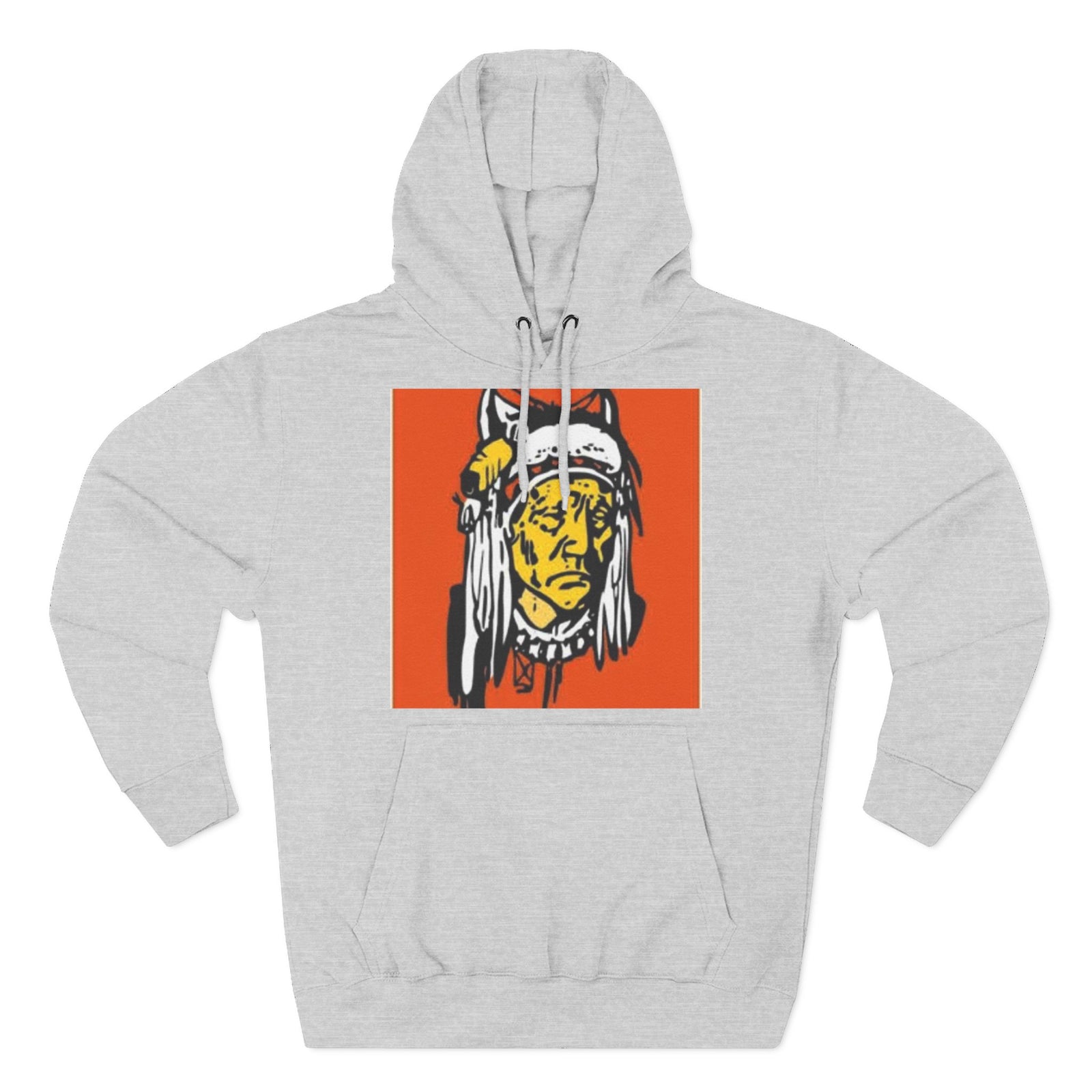 Grey heritage graphic hoodie by S&W Gallus featuring a graphic print of a Native American person in orange.