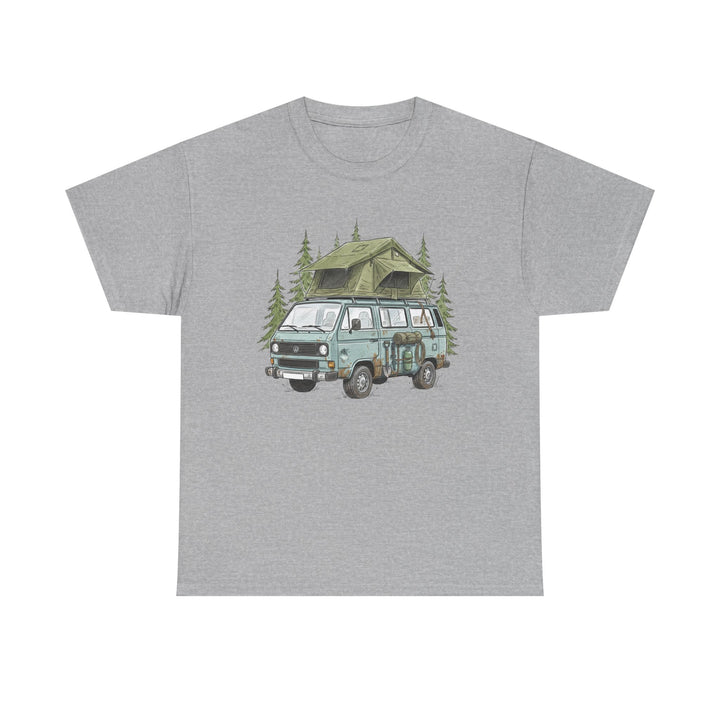 Van Life Adventure T-Shirt - Retro Camper Van &amp; Rooftop Tent Tee