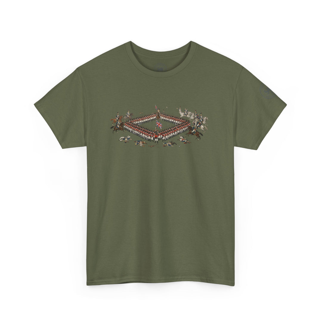 Olive drab t-shirt by S&amp;W Gallus, featuring a square formation of soldiers in red uniforms.
