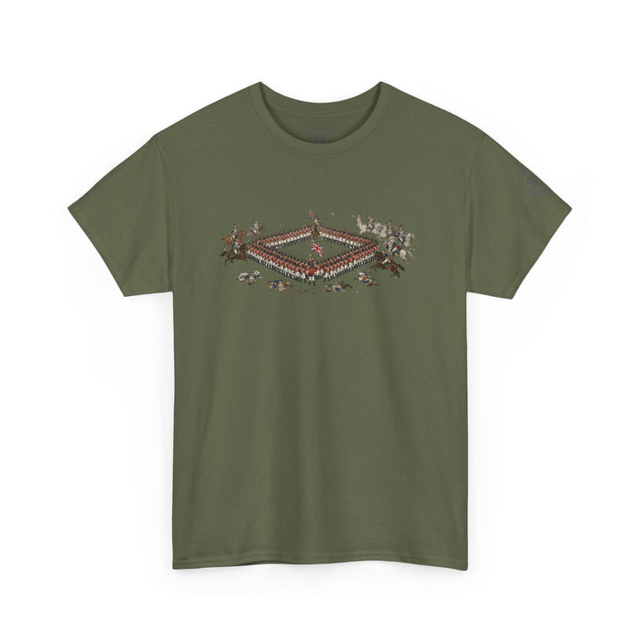 Olive drab t-shirt by S&amp;W Gallus, featuring a square formation of soldiers in red uniforms.