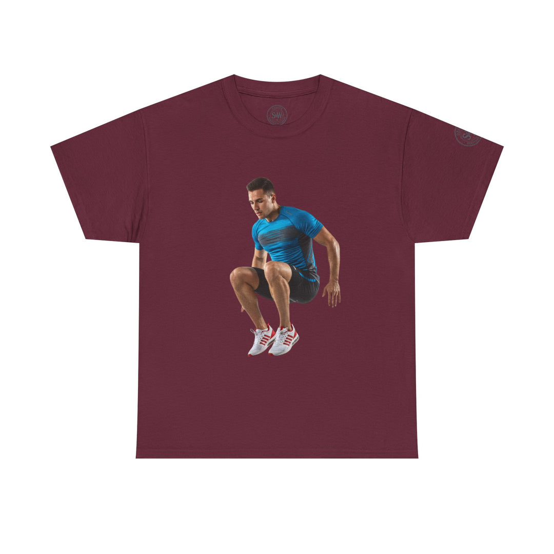 Maroon t-shirt by S&amp;W Gallus, featuring a printed image of an athlete jumping.
