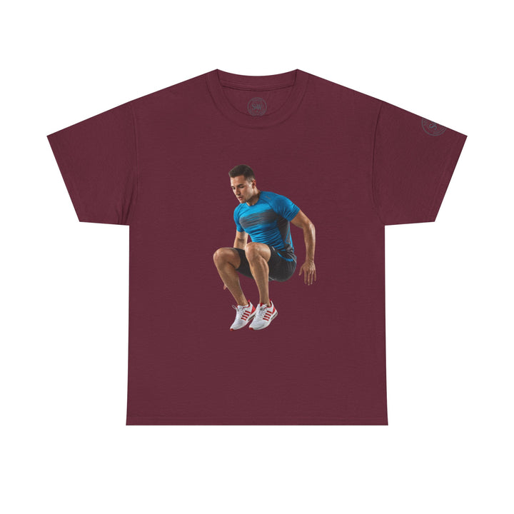 Maroon t-shirt by S&amp;W Gallus, featuring a printed image of an athlete jumping.