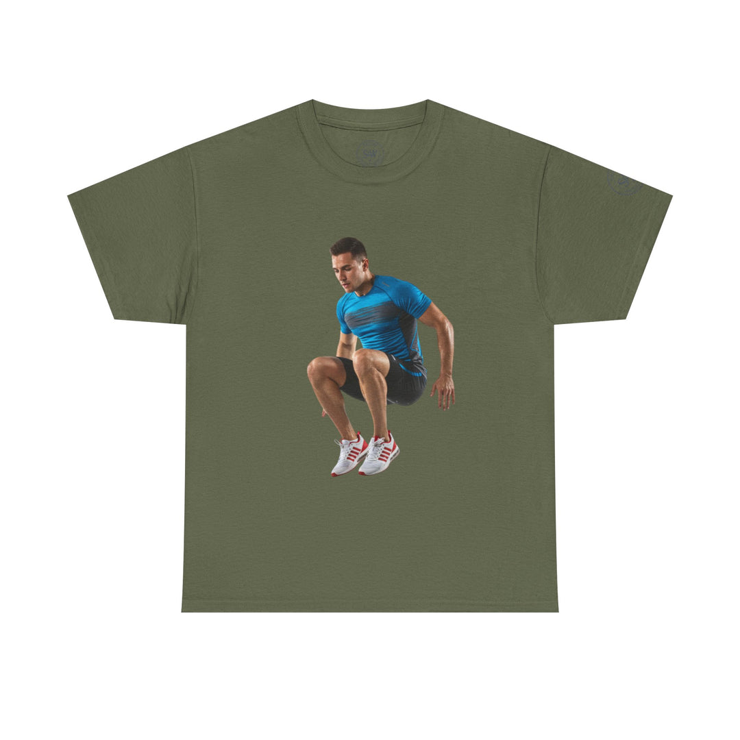 Green t-shirt by S&amp;W Gallus with a printed image of an athlete jumping.