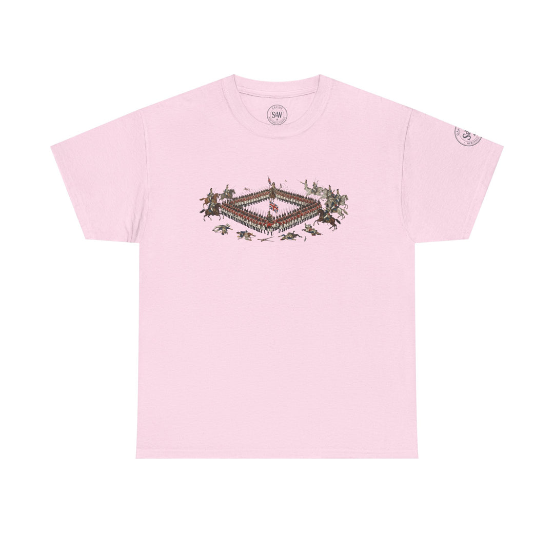 Pink t-shirt by S&amp;W Gallus featuring a Waterloo Square print with a battle scene on the front.