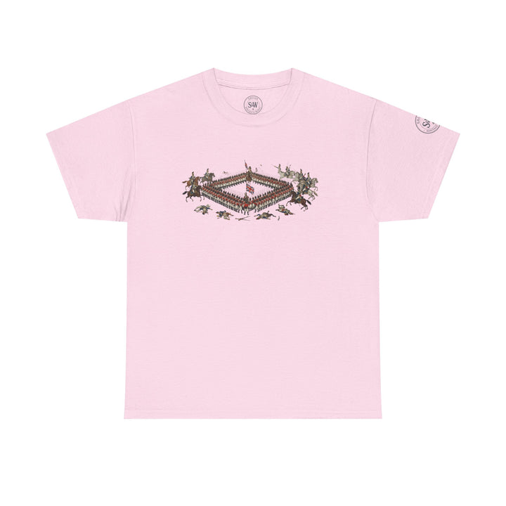 Pink t-shirt by S&amp;W Gallus featuring a Waterloo Square print with a battle scene on the front.
