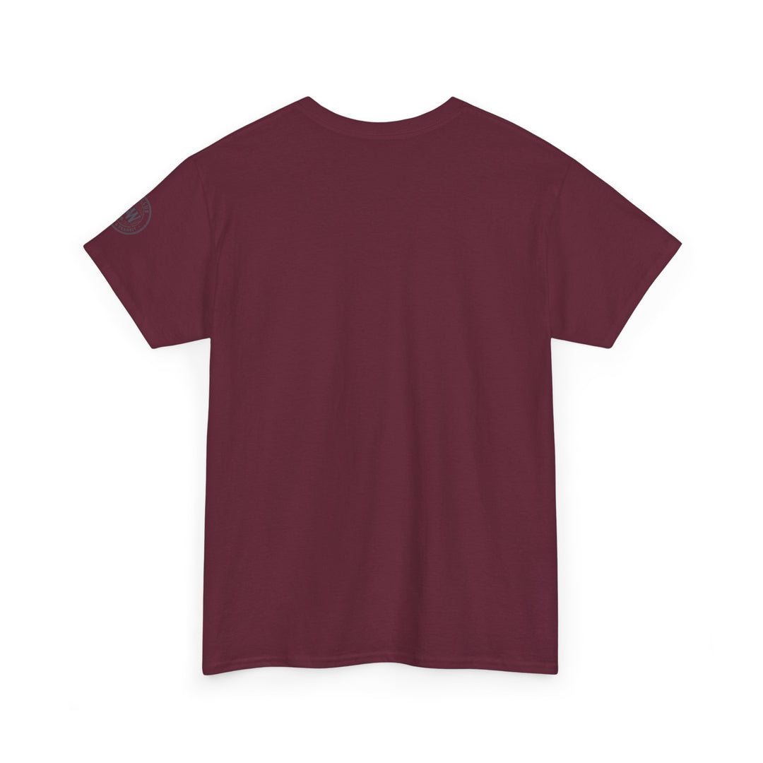 Burgundy t-shirt by S&amp;W Gallus, shown from the back with logo on left sleeve.