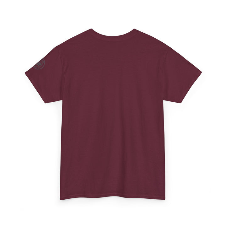 Burgundy t-shirt by S&amp;W Gallus, shown from the back with logo on left sleeve.