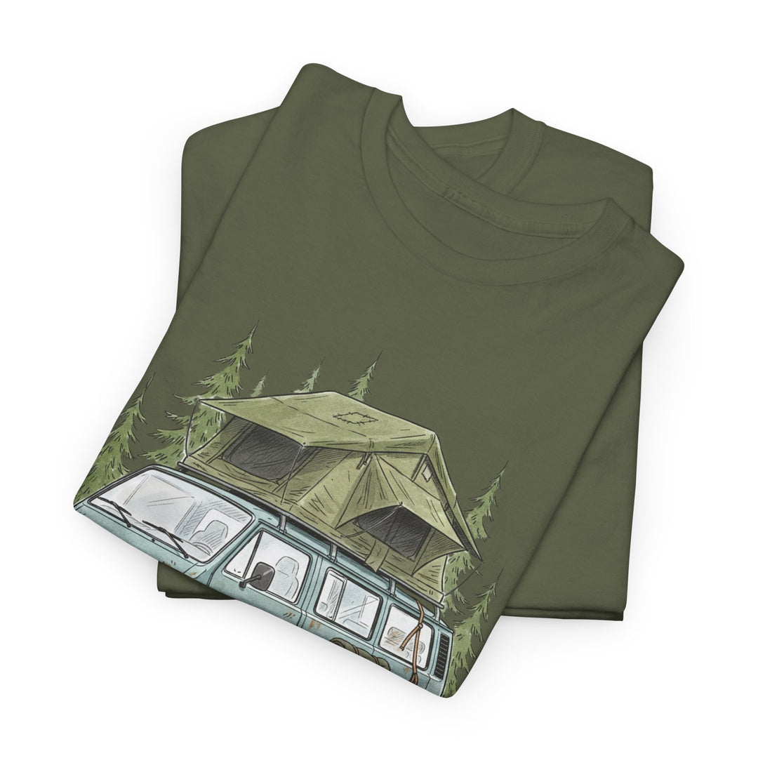 Van Life Adventure T-Shirt - Retro Camper Van &amp; Rooftop Tent Tee
