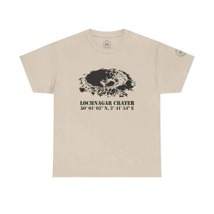 Beige WW1 Lochnagar Crater T-shirt by S&amp;W Gallus featuring a black crater graphic and coordinates, front view.