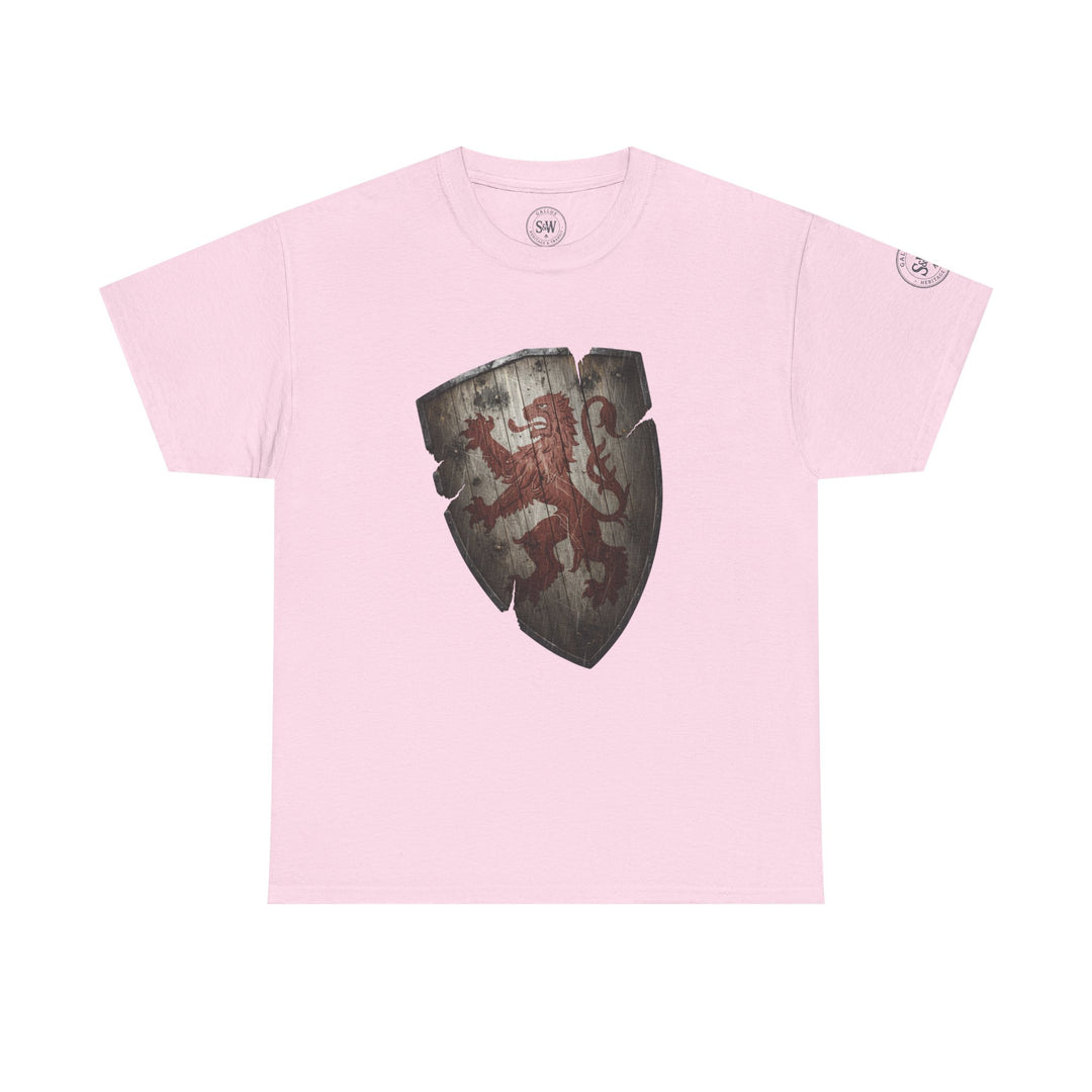 Pink t-shirt by S&amp;W Gallus featuring a shield with a red lion heraldry design on the front.