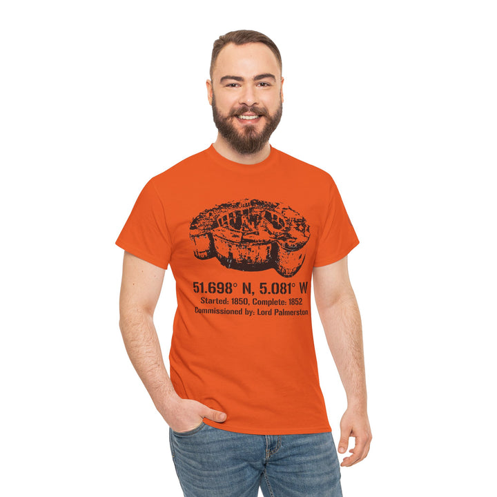 Orange Stack Rock Fort T-shirt by S&amp;W Gallus, featuring a graphic coastal landmark design, worn with jeans.