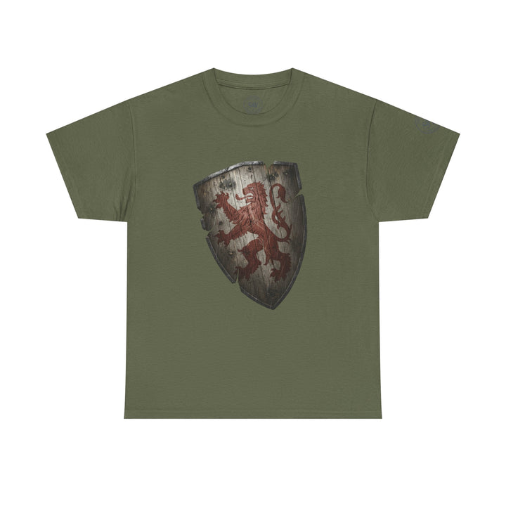 Olive green t-shirt by S&amp;W Gallus featuring a medieval heraldic shield with a red lion rampant design.