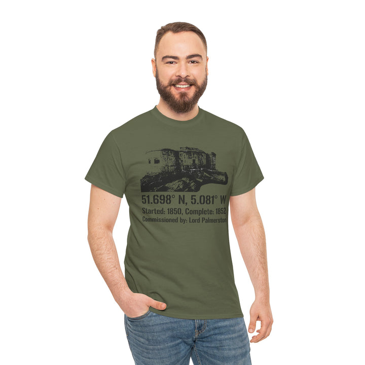 Olive green t-shirt by S&amp;W Gallus, featuring a Stack Rock Fort graphic and historical information, worn with blue jeans.