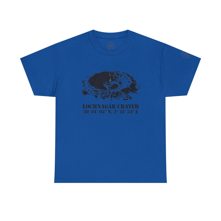 Blue t-shirt by S&amp;W Gallus featuring a Lochnagar Crater graphic and coordinates.