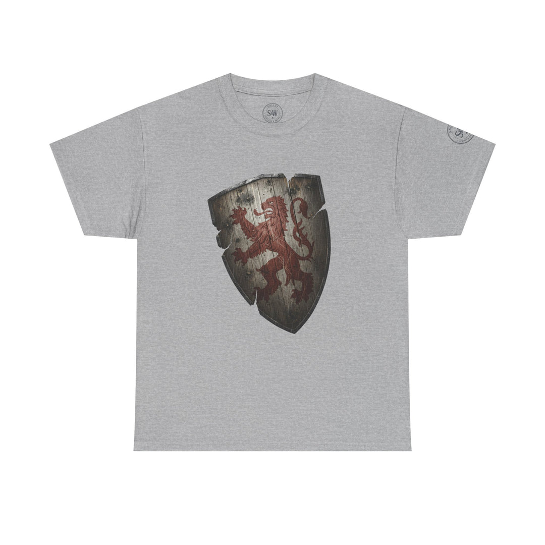 Gray t-shirt from S&amp;W Gallus, featuring a heraldic lion shield graphic print on the front.