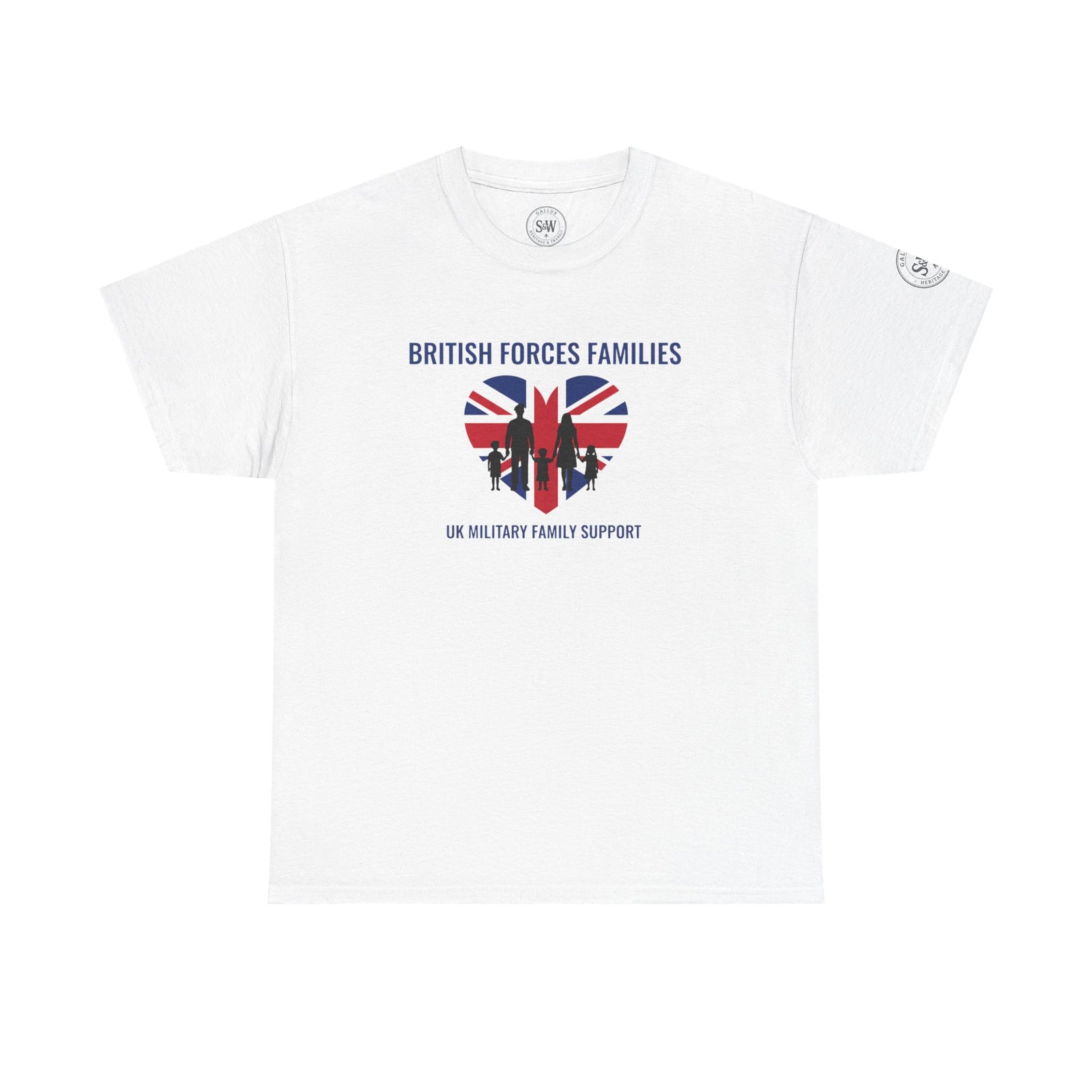 White military support t-shirt by S&W Gallus, featuring a heart with the Union Jack flag and a family silhouette.
