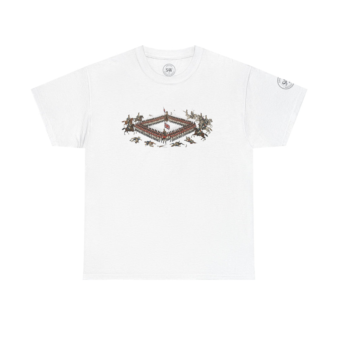 White Waterloo Square T-shirt by S&amp;W Gallus, featuring a rectangular graphic of soldiers and horses.