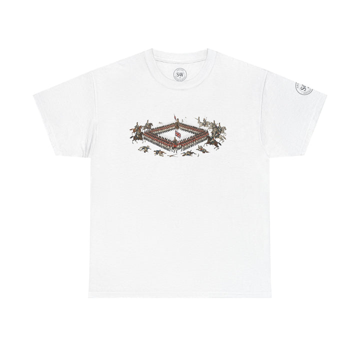 White Waterloo Square T-shirt by S&amp;W Gallus, featuring a rectangular graphic of soldiers and horses.