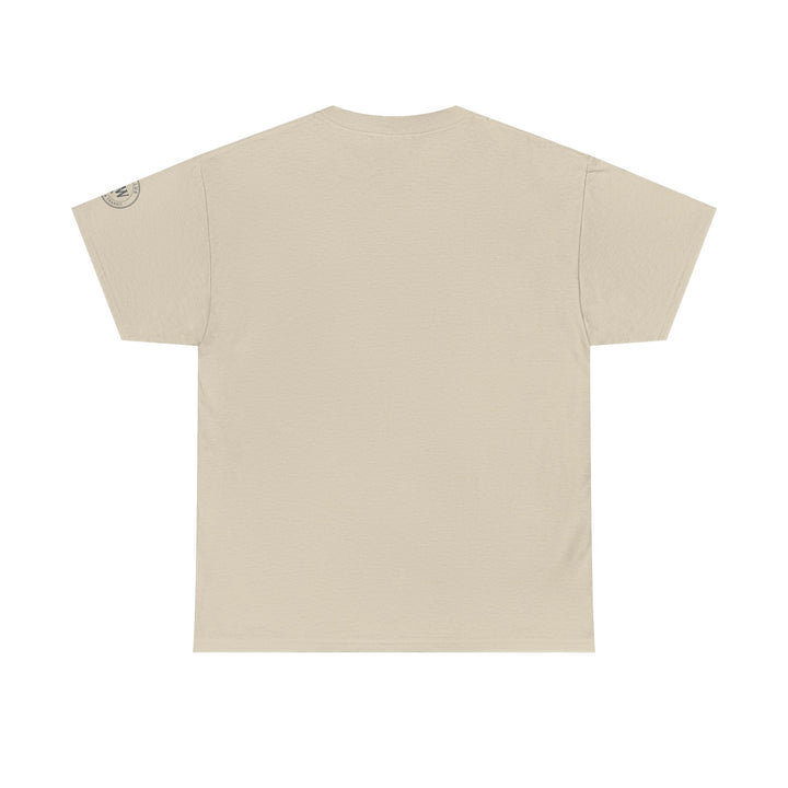 Beige t-shirt by S&amp;W Gallus, displayed from the back with a logo on the left sleeve.