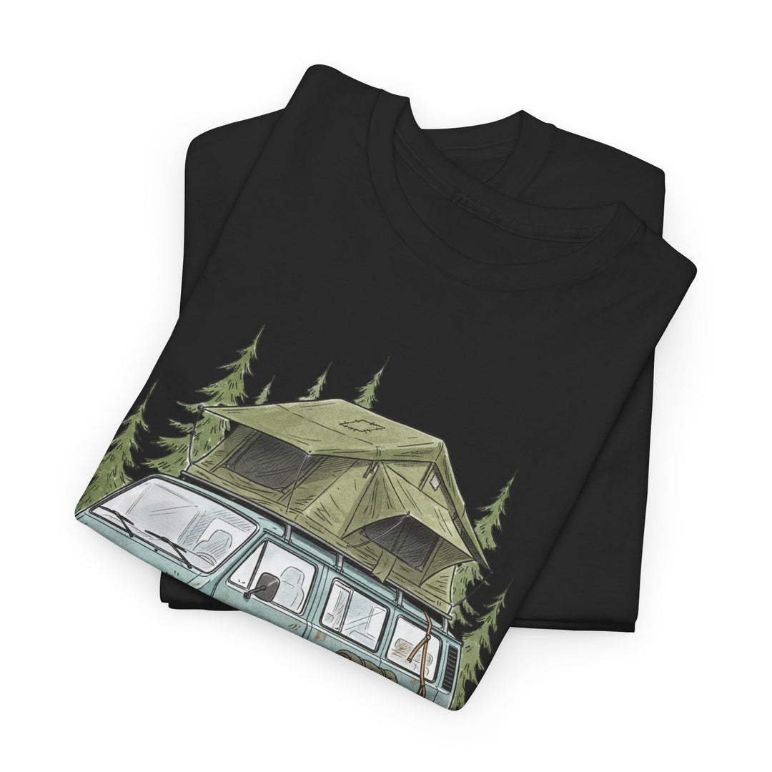 Van Life Adventure T-Shirt - Retro Camper Van &amp; Rooftop Tent Tee