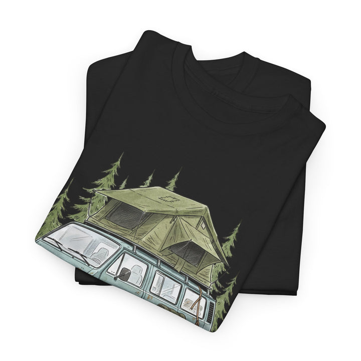 Van Life Adventure T-Shirt - Retro Camper Van &amp; Rooftop Tent Tee