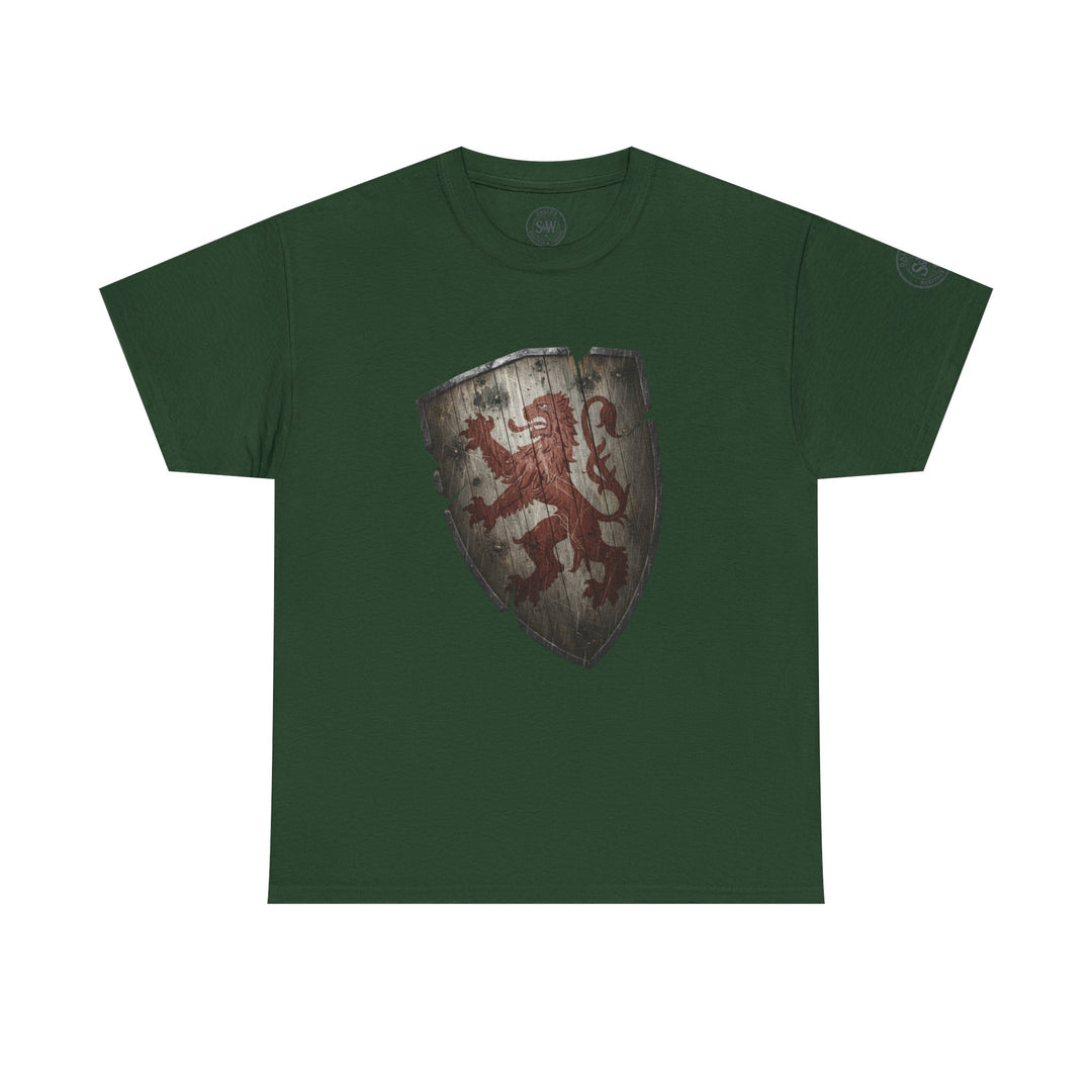 Dark green t-shirt by S&amp;W Gallus, featuring a heraldic lion shield design on the front.