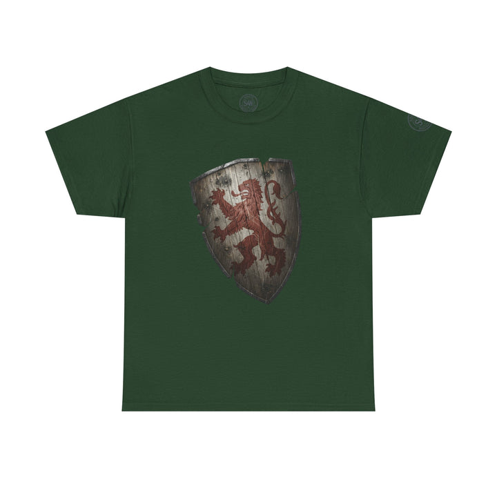 Dark green t-shirt by S&amp;W Gallus, featuring a heraldic lion shield design on the front.