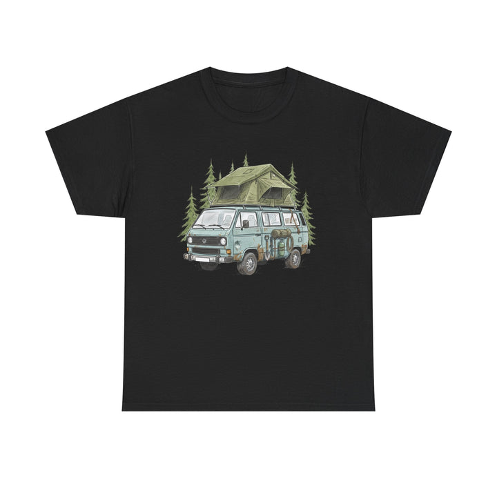 Van Life Adventure T-Shirt - Retro Camper Van &amp; Rooftop Tent Tee