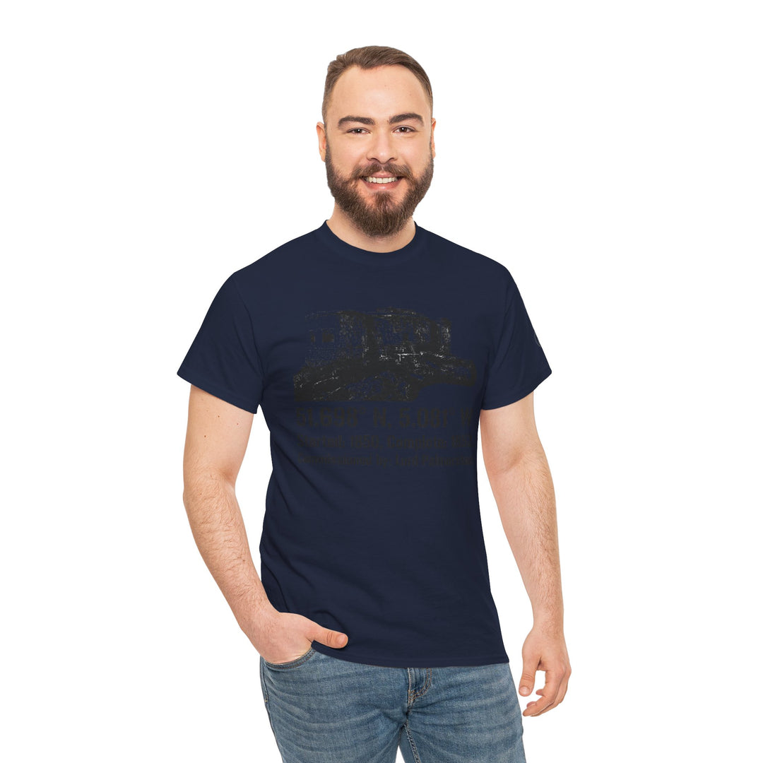 Navy T-shirt by S&amp;W Gallus featuring a faded graphic of a coastal landmark, worn with blue jeans.