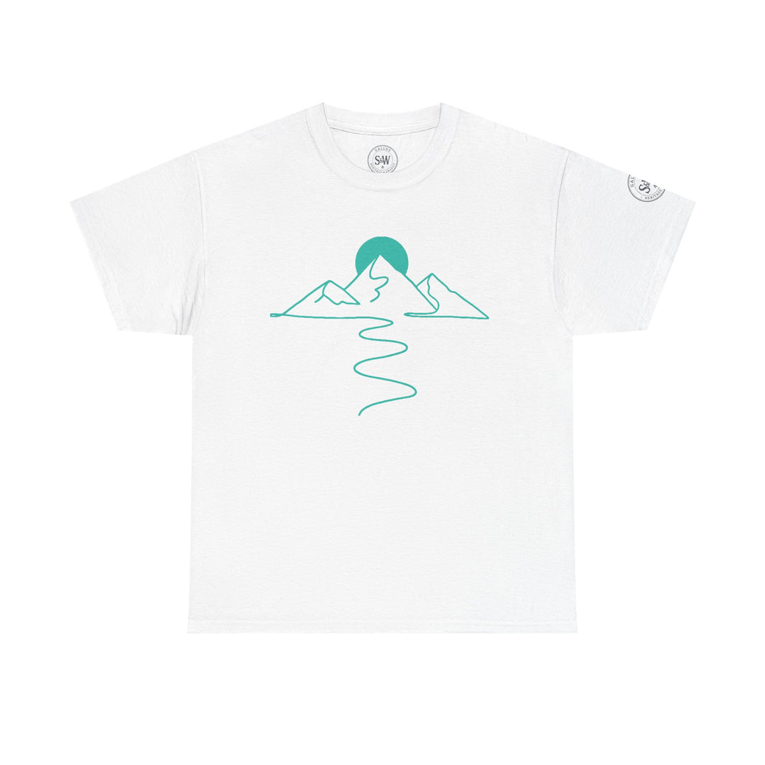 White T-shirt with a mountain icon graphic by S&amp;W Gallus, featuring a winding path and a rising sun.