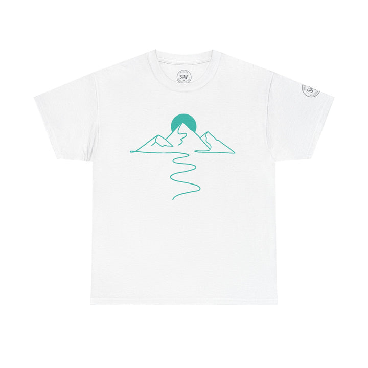 White T-shirt with a mountain icon graphic by S&amp;W Gallus, featuring a winding path and a rising sun.