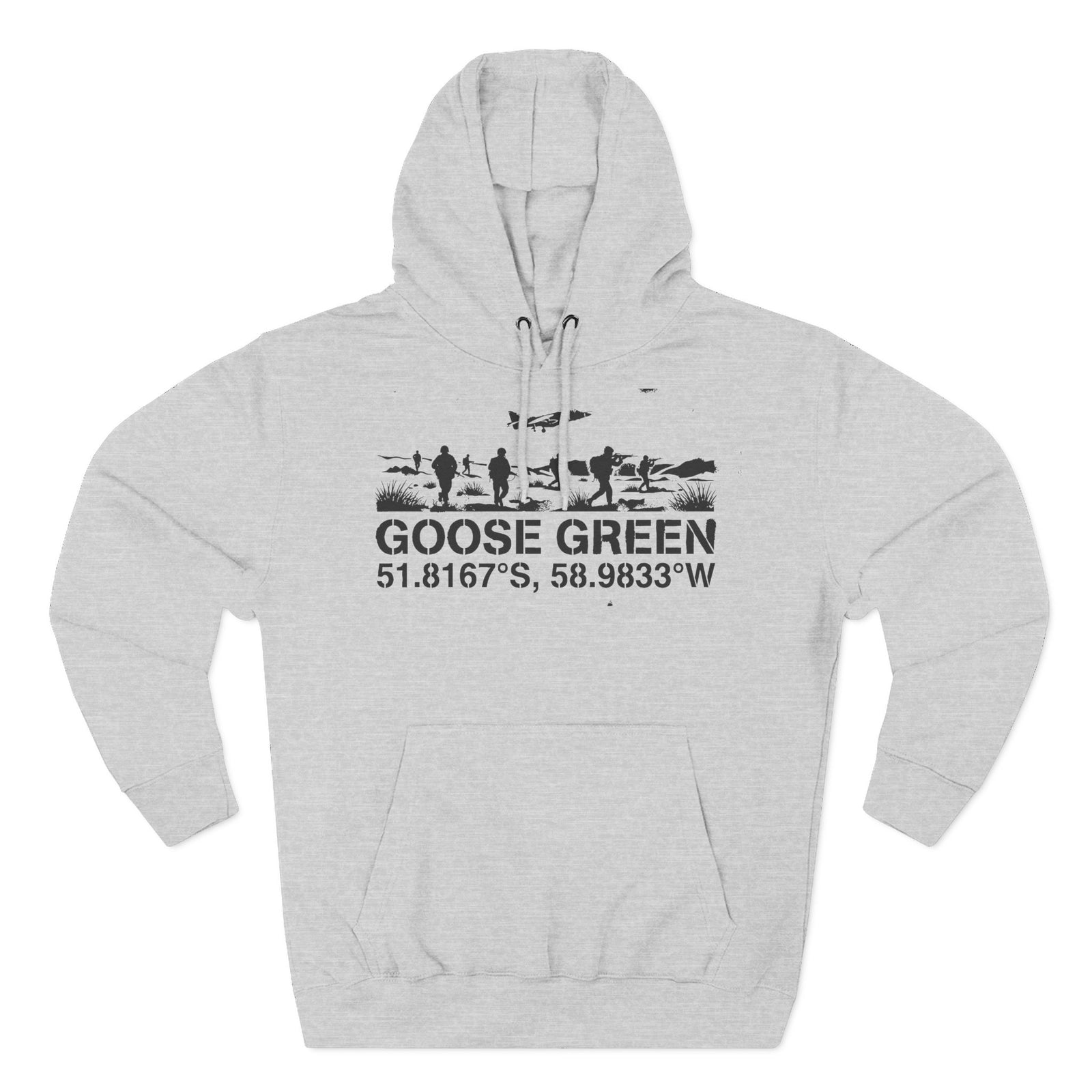 Gray hoodie by S&W Gallus with a drawstring hood and black graphic of soldiers and an airplane.