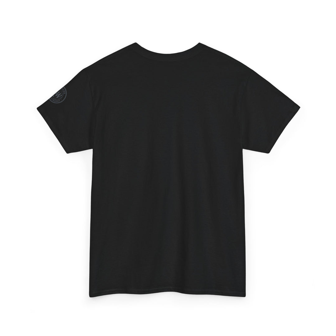 Black T-shirt by S&amp;W Gallus, featuring a circular logo on the sleeve.