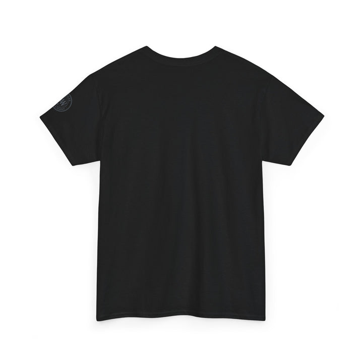 Black T-shirt by S&amp;W Gallus, featuring a circular logo on the sleeve.