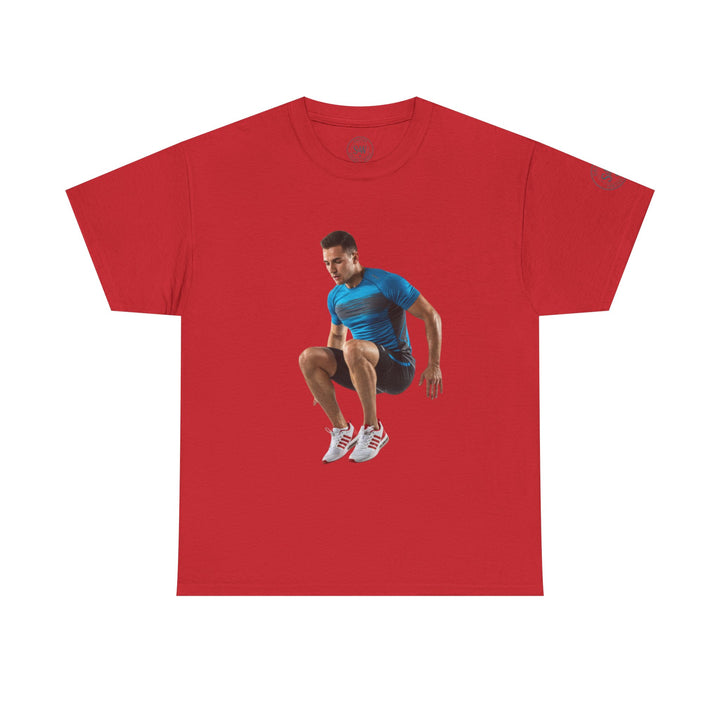 Red t-shirt with printed athlete jumping by S&amp;W Gallus.