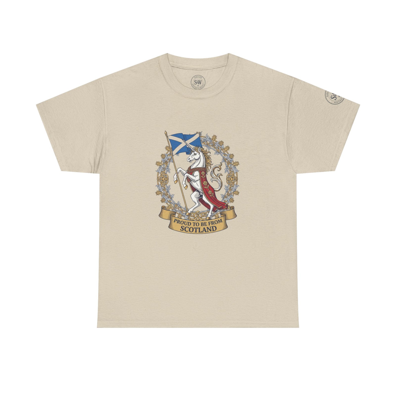 Beige t-shirt from S&W Gallus with a Scottish unicorn design and "Proud to Be From Scotland" text.