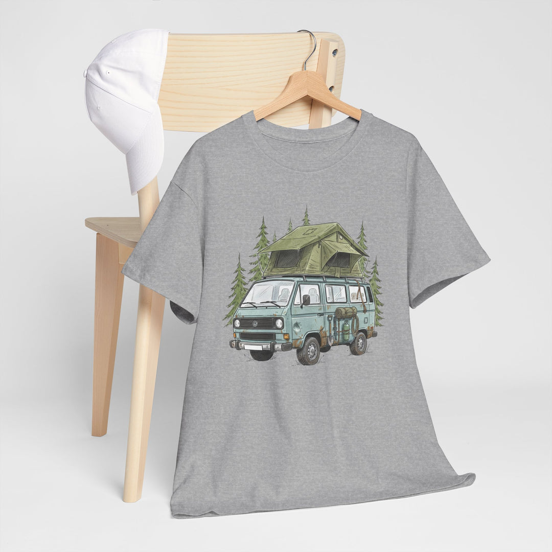 Van Life Adventure T-Shirt - Retro Camper Van &amp; Rooftop Tent Tee