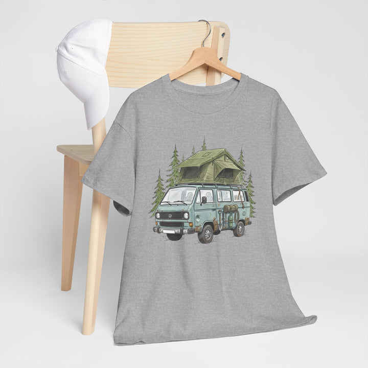 Van Life Adventure T-Shirt - Retro Camper Van &amp; Rooftop Tent Tee