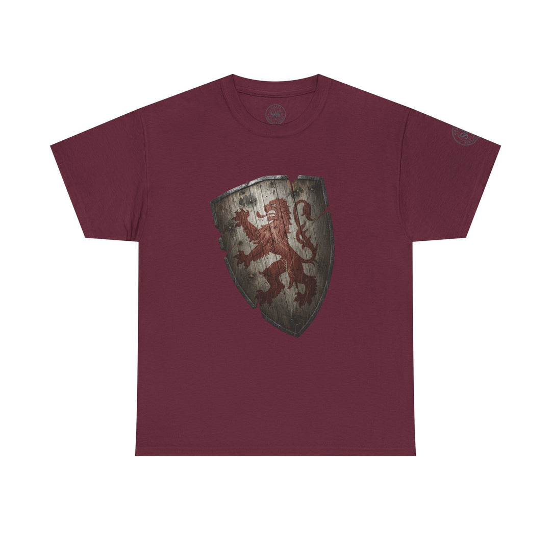 Burgundy t-shirt by S&amp;W Gallus featuring a distressed heraldic lion shield graphic on the front.