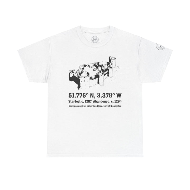 White Morlais Castle T-shirt by S&amp;W Gallus featuring castle sketch graphic and historical details.