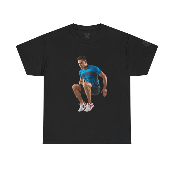 Black T-shirt from S&amp;W Gallus, displaying a man in sportswear jumping, with a brand logo on the collar and left sleeve.