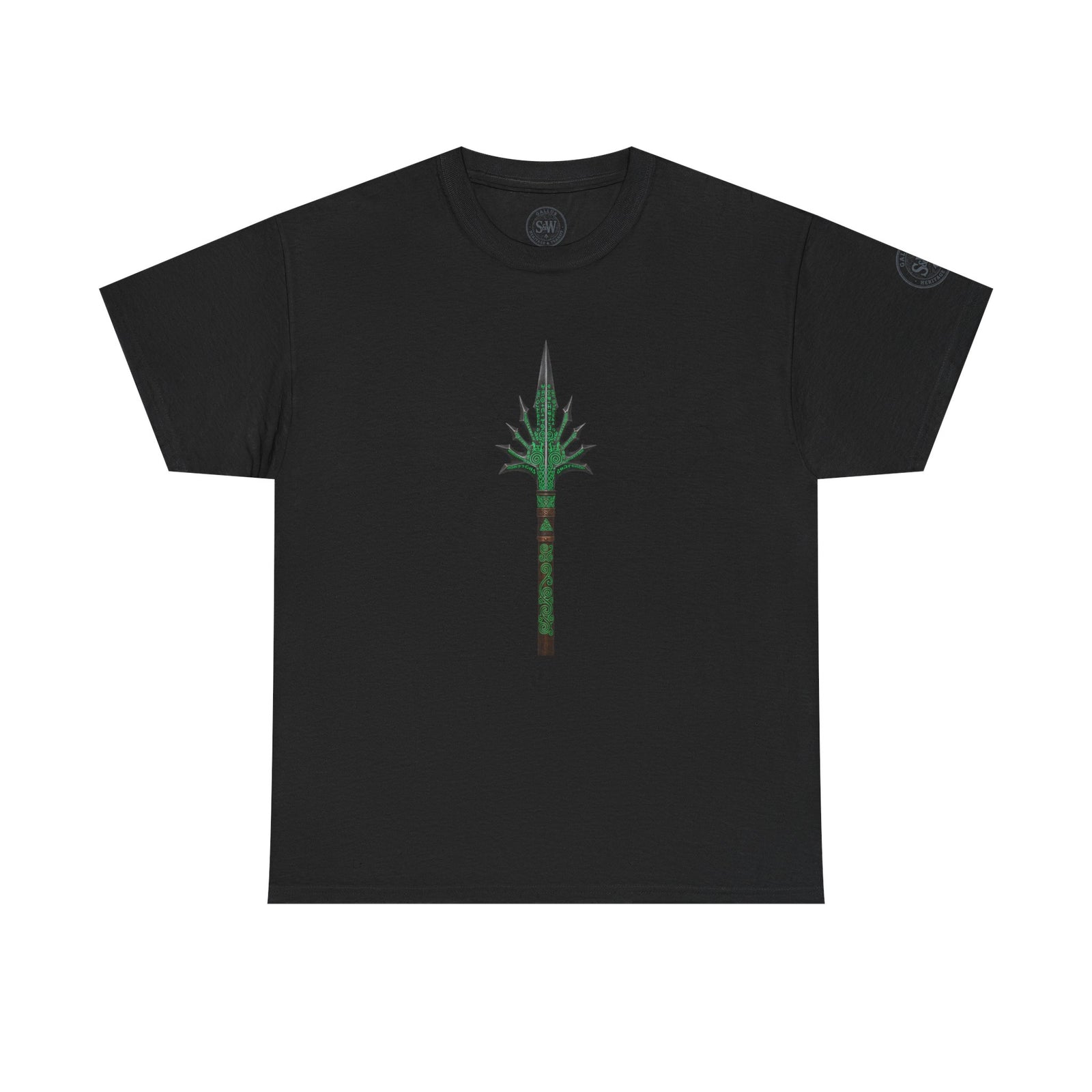 Black graphic t-shirt by S&W Gallus displaying an ornate spear design on the chest.