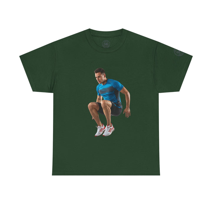 Forest green t-shirt by S&amp;W Gallus with an athlete jumping circuit printed on the front.